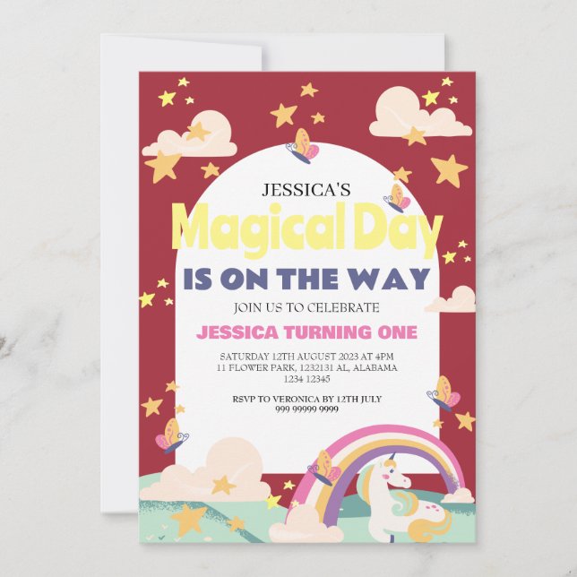 Enkelt cute Girl Photo Unicorn First Birthday Baby Inbjudningar (Framsida)