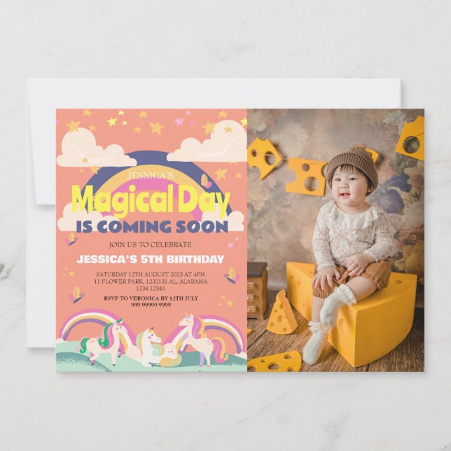 Enkelt cute Girl Photo Unicorn First Birthday Baby Inbjudningar (Framsida)
