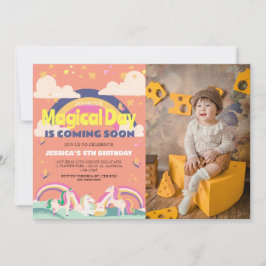 Enkelt cute Girl Photo Unicorn First Birthday Baby Inbjudningar