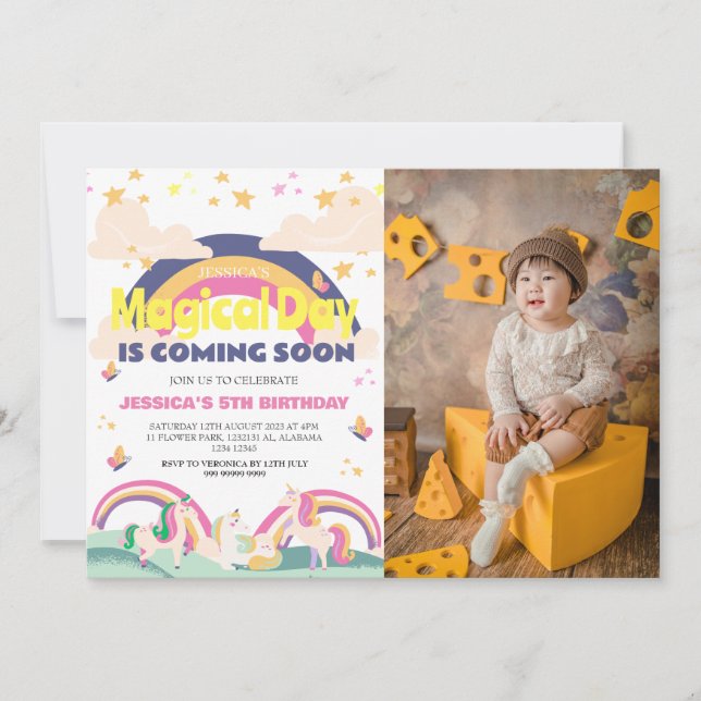 Enkelt cute Girl Photo Unicorn First Birthday Baby Inbjudningar (Framsida)