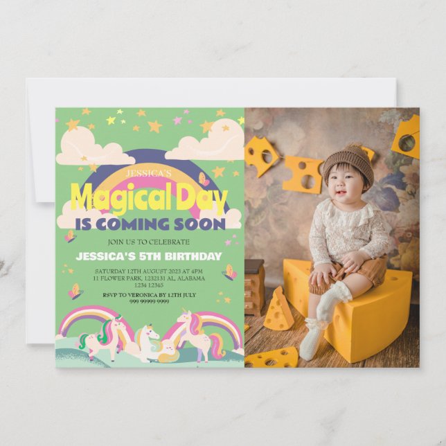 Enkelt cute Girl Photo Unicorn First Birthday Baby Inbjudningar (Framsida)