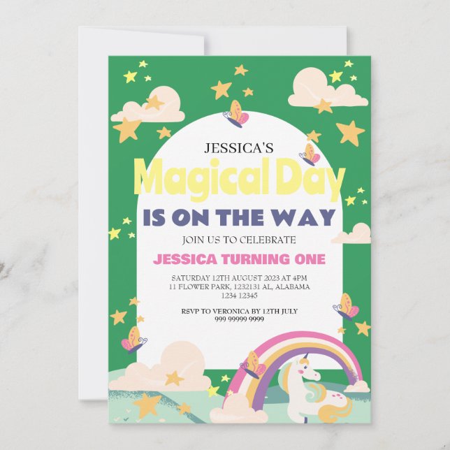 Enkelt cute Girl Photo Unicorn First Birthday Baby Inbjudningar (Framsida)