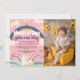 Enkelt cute Girl Photo Unicorn First Birthday Baby Inbjudningar