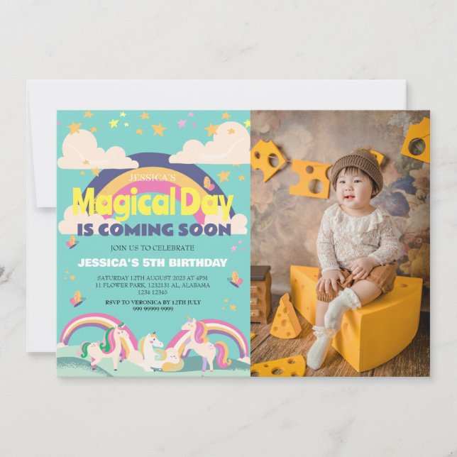 Enkelt cute Girl Photo Unicorn First Birthday Baby Inbjudningar (Framsida)