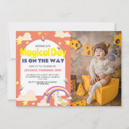 Enkelt cute Girl Photo Unicorn First Birthday Baby Inbjudningar