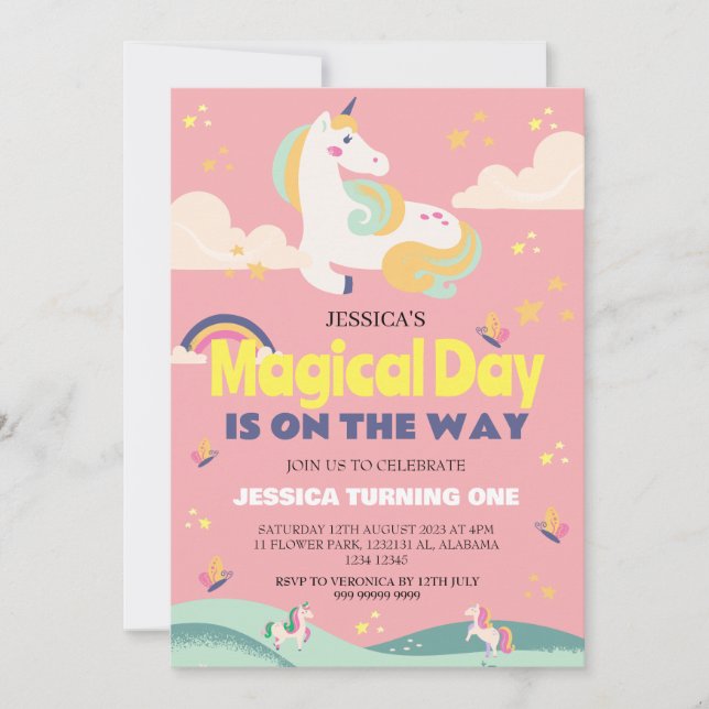 Enkelt cute Girl Photo Unicorn First Birthday Baby Inbjudningar (Framsida)