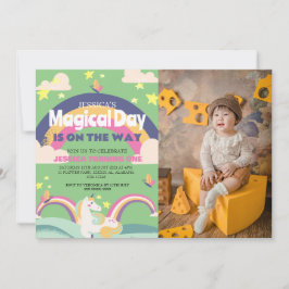 Enkelt cute Girl Photo Unicorn First Birthday Baby Inbjudningar