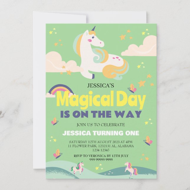 Enkelt cute Girl Photo Unicorn First Birthday Baby Inbjudningar (Framsida)