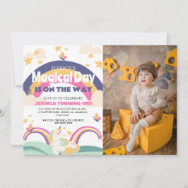 Enkelt cute Girl Photo Unicorn First Birthday Baby Inbjudningar