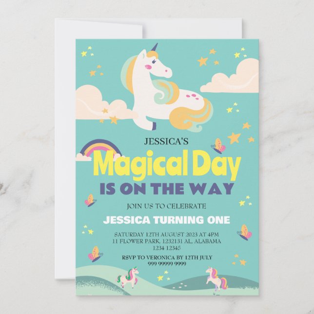 Enkelt cute Girl Photo Unicorn First Birthday Baby Inbjudningar (Framsida)