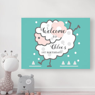 Enkelt Cute Jumping Lamb 1:a födelsedag Cyan Välko Poster