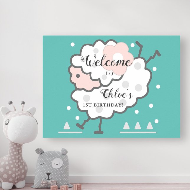 Enkelt Cute Jumping Lamb 1:a födelsedag Cyan Välko Poster (Skapare uppladdad)