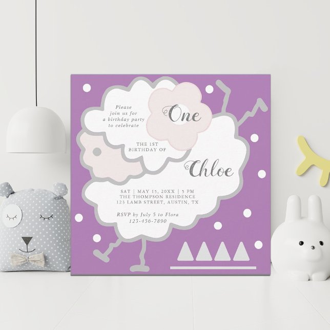Enkelt Cute Jumping Lamb Lavender 1:a födelsedag Inbjudningar (Skapare uppladdad)