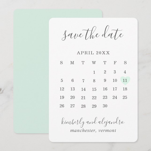Enkelt Cute Mint Grönt Heart Calender Bröllop Spara Datumet (Fram/baksida)