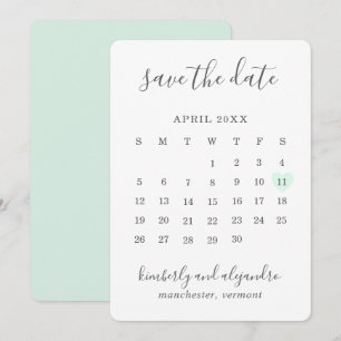 Enkelt Cute Mint Grönt Heart Calender Bröllop Spara Datumet
