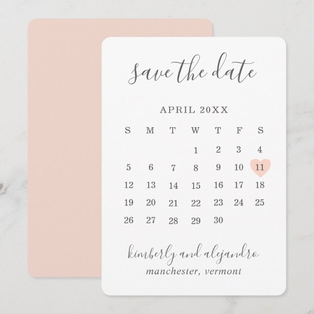 Enkelt Cute Peach Heart Calender Bröllop Spara Datumet (Fram/baksida)