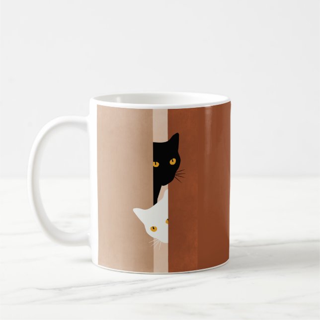 Enkelt Cute Peeking Cats Black White Soft Beige Kaffemugg (Vänster)