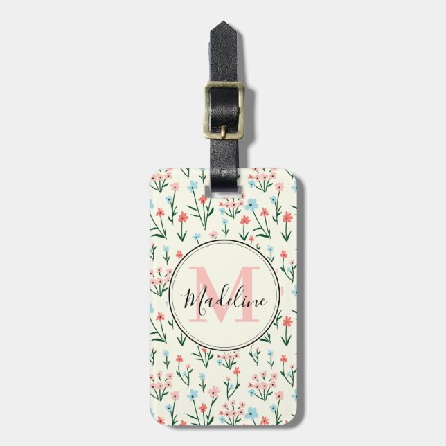 Enkelt Cute Ro Flower Rosa Monogram Namn Bagagebricka (Vertikal Framsida)