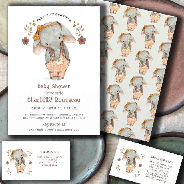 Enkelt cute Watercolor Elephant Girl Baby Shower Inbjudningar (Skapare uppladdad)