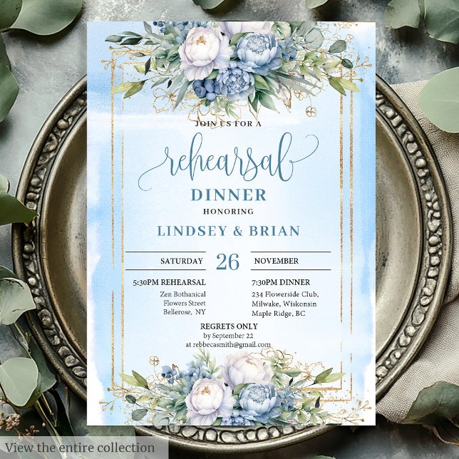 Enkelt dammblått Blommigt Guld Ram Inbjudan (Simple Dusty Blue Floral Gold Frame Dinner Invite)
