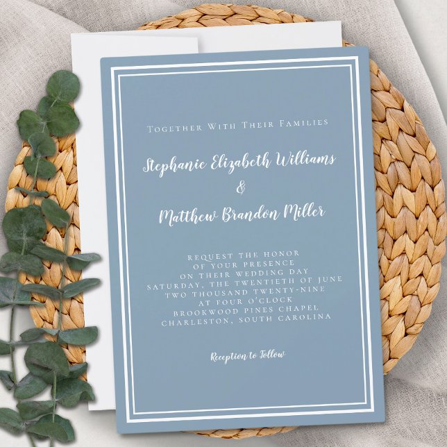 Enkelt dammblått vitt Bröllop-minimalistiskt Inbjudningar (Simple Dusty Blue White Wedding Minimalist Invitation)
