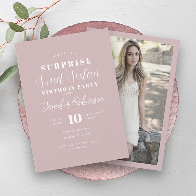 Enkelt  dammsugare Ro Photo SURPRISE Sweet 16 Inbjudningar (Simple Blush Dust Rose Photo SURPRISE Sweet 16 Invitation)