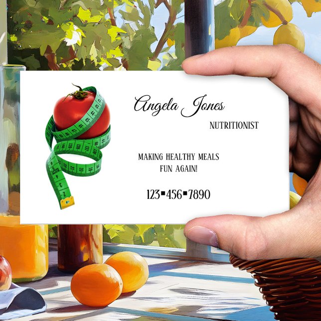 Enkelt dietitiskt Affärskort för nitritionister Visitkort (A simple business card for a nutritional therapist or dietitian with a tomato with measuring tape)