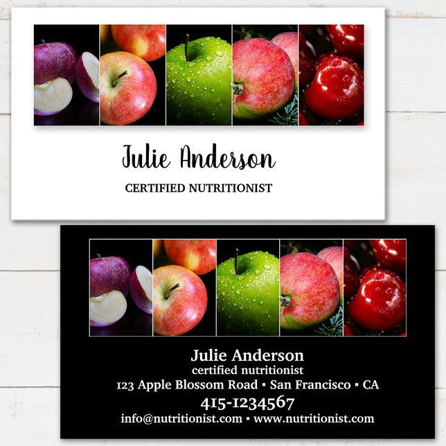 Enkelt dietitiskt näringsämne, hälsosamt livsmedel visitkort (Business card for a nutritional therapist or professional dietitian featuring images of fresh apples)