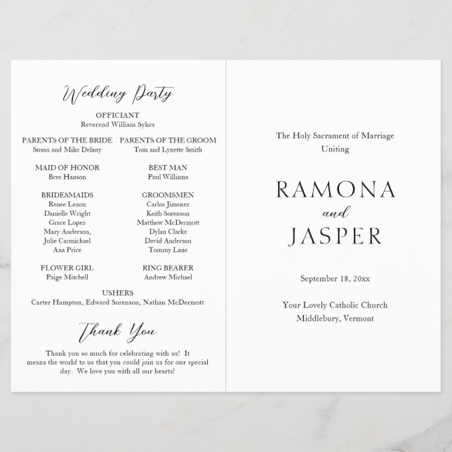 Enkelt djärvt modernt katolskt Bröllopsprogram (Framsidan)
