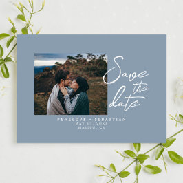 Enkelt Dusty Blue Calligraphy Boho Photo Bröllop Spara Datumet