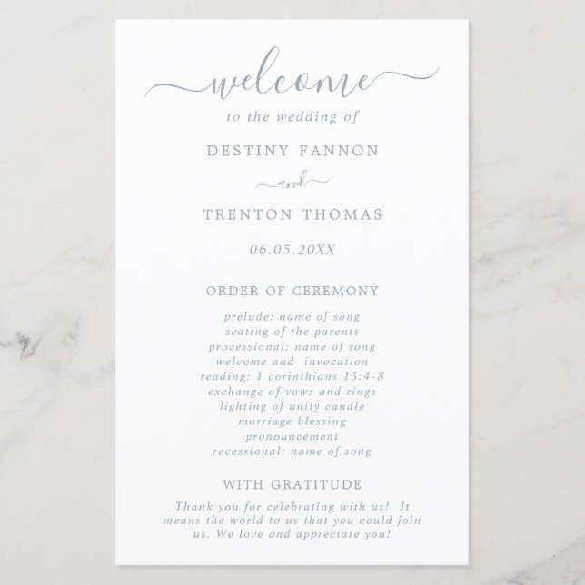 Enkelt Dusty Blue Elegant bröllop-program (Framsida)