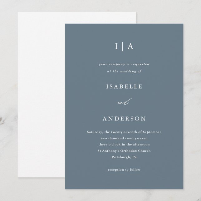 Enkelt Dusty Blue Monogram Bröllop Inbjudningar (Fram/baksida)