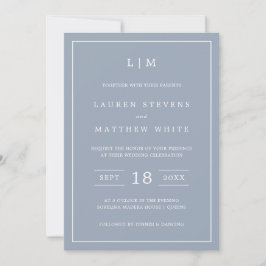 Enkelt Dusty Blue Monogram Elegant bröllop Inbjudningar