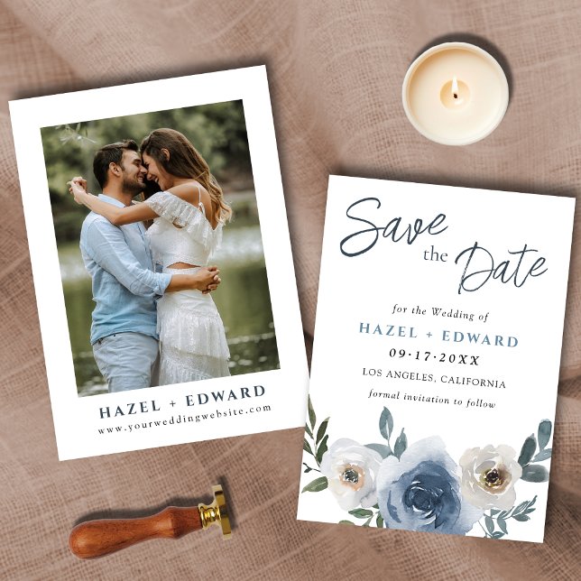 Enkelt Dusty Blue Photo Bröllop spara datum Card Spara Datumet (Simple Dusty Blue Photo Wedding Save The Date Card)