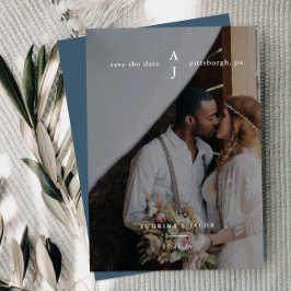 Enkelt Dusty Blue Photo Monogram Bröllop Spara Datumet