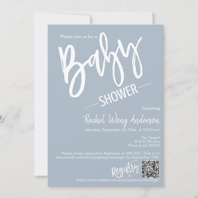 Enkelt Dusty Blue Script Shower QR-kodfoto Inbjudningar (Framsida)