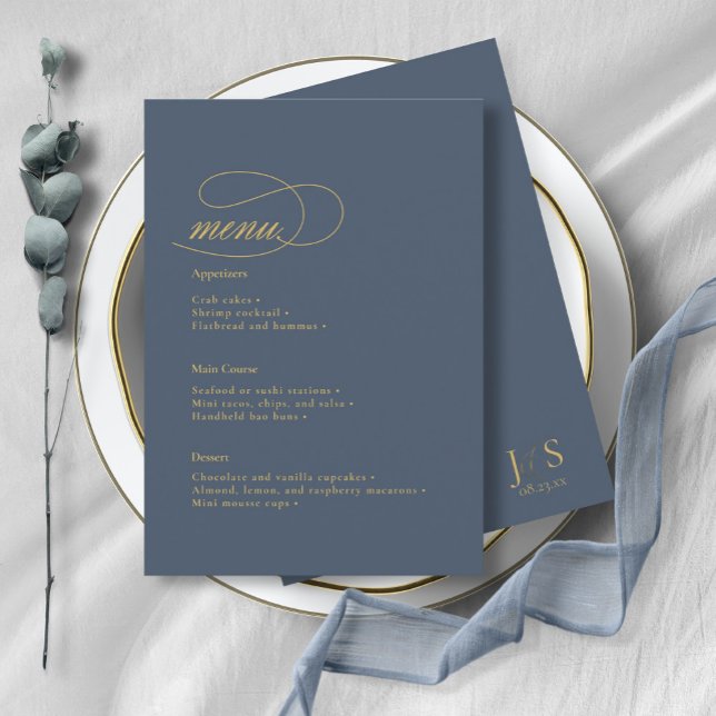 Enkelt Elegance Bröllop Menu Blue ID1022 Meny (Skapare uppladdad)