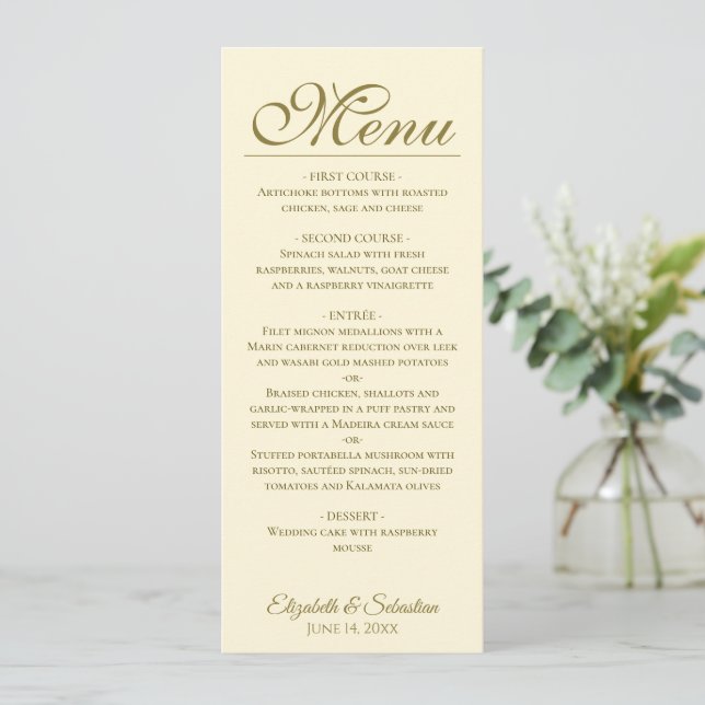 Enkelt Elegance Guld & Ivory Cream Bröllop Meny (Stående Fram)
