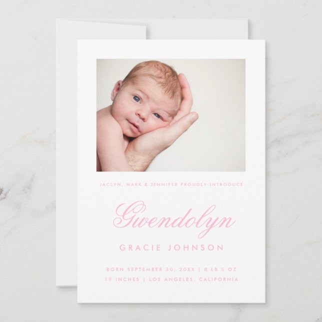 Enkelt Elegance Photo Girl Birth-annons Card Meddelande (Framsida)