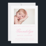 Enkelt Elegance Photo Girl Birth-annons Card Meddelande<br><div class="desc">Vit och rosa design med ett enda fotofönster. Elegant för flicka först namn med mitten och efternamn i hela huvudstaden brev. Polka-punkt bakåt är valfritt. Photo Kredit: Kate Williams - stahrdust3 | Flickr Kreativ Commons Attribution-NoDerivs 2.0 Generic (CC BY-ND 2.0) https://creativecommons.org/licenses/by-nd/2.0/</div>