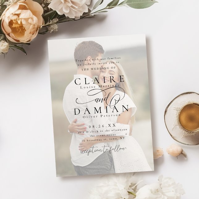Enkelt Elegance Romantic Script-foto bröllop Inbjudningar (Simple Elegance Romantic Script photo wedding Invitation)