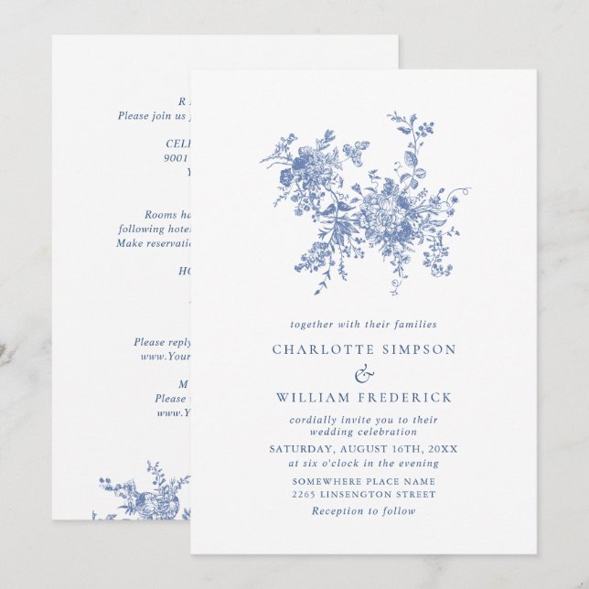 Enkelt Elegant Blue Fransk Toile Blommigt Bröllop Inbjudningar (Fram/baksida)