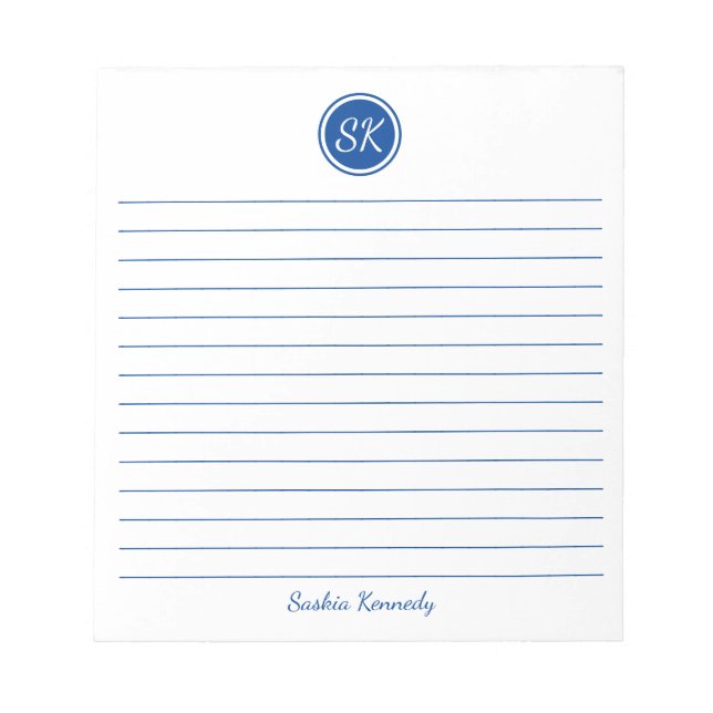 Enkelt Elegant Blue Lining Monogram Namn Anteckningsblock (Framsida)