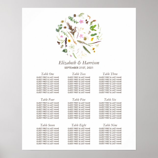 Enkelt Elegant Botaniskt Vild Flower Bröllop-säte Poster (Framsidan)