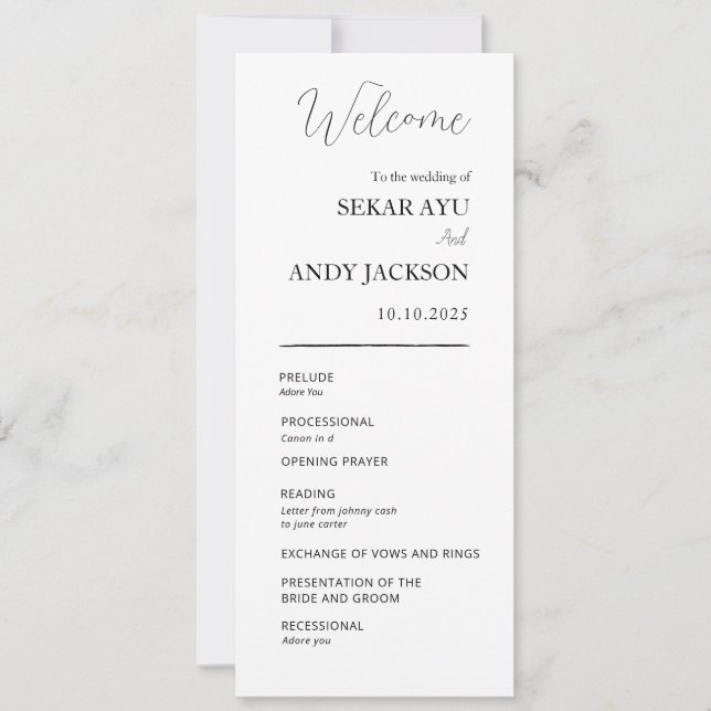 Enkelt elegant bröllop-program (Framsida)