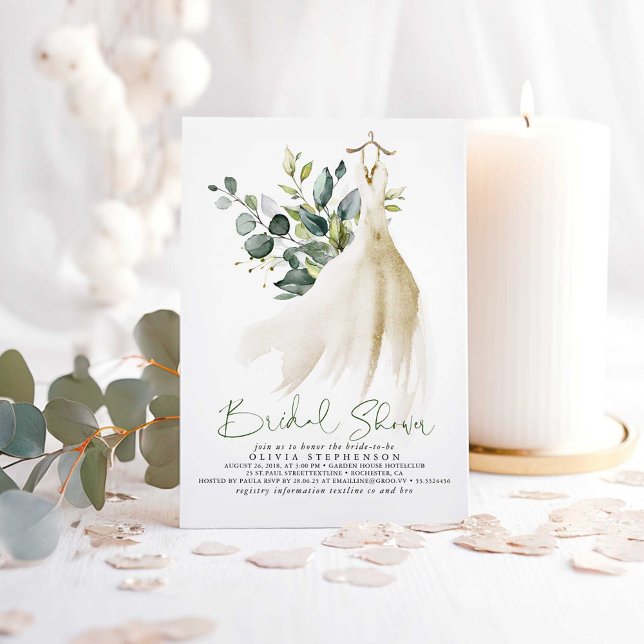 Enkelt Elegant Eucalyptus Greenery Möhippa Inbjudningar (Greenery and Wedding Dress Bridal Shower Invitations)
