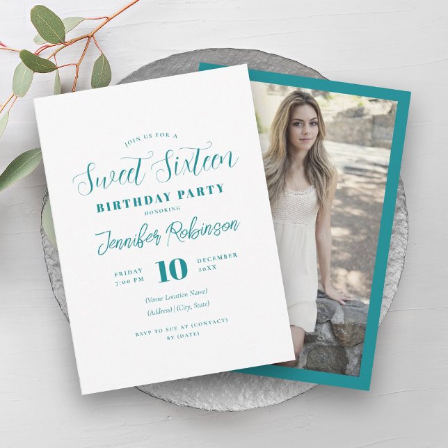 Enkelt Elegant - färgfotosvett 16 sexton Inbjudningar (Simple Elegant Teal Photo Sweet 16 Sixteen Invitation)