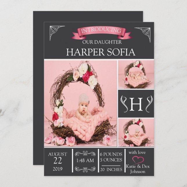 Enkelt Elegant Flicka födelsemeddelande Inbjudningar (Fram/baksida)