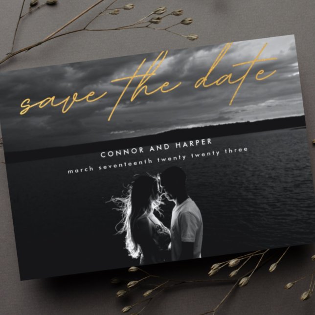 Enkelt Elegant Foto Guld Vitt Spara Datum Meddelande Vykort (Skapare uppladdad)