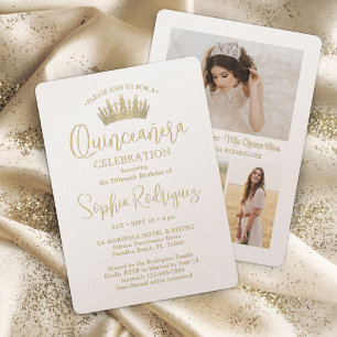 Enkelt Elegant Guld Quinceañera Krona 3 Photo Inbjudningar